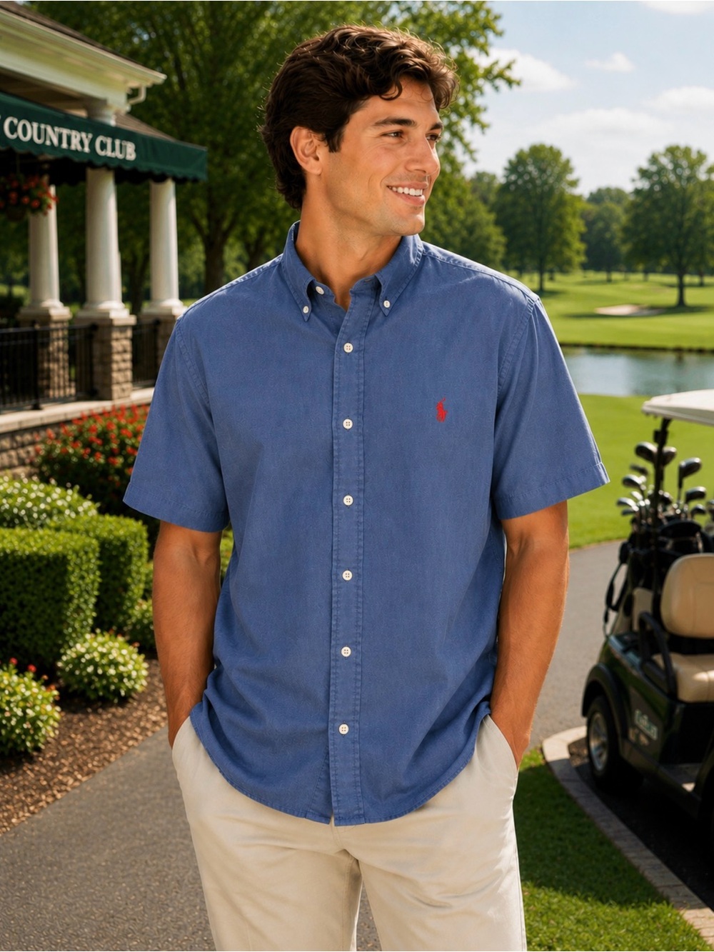 Ralph Lauren Short-Sleeve Button-Down Shirt in Blue with Red Logo
